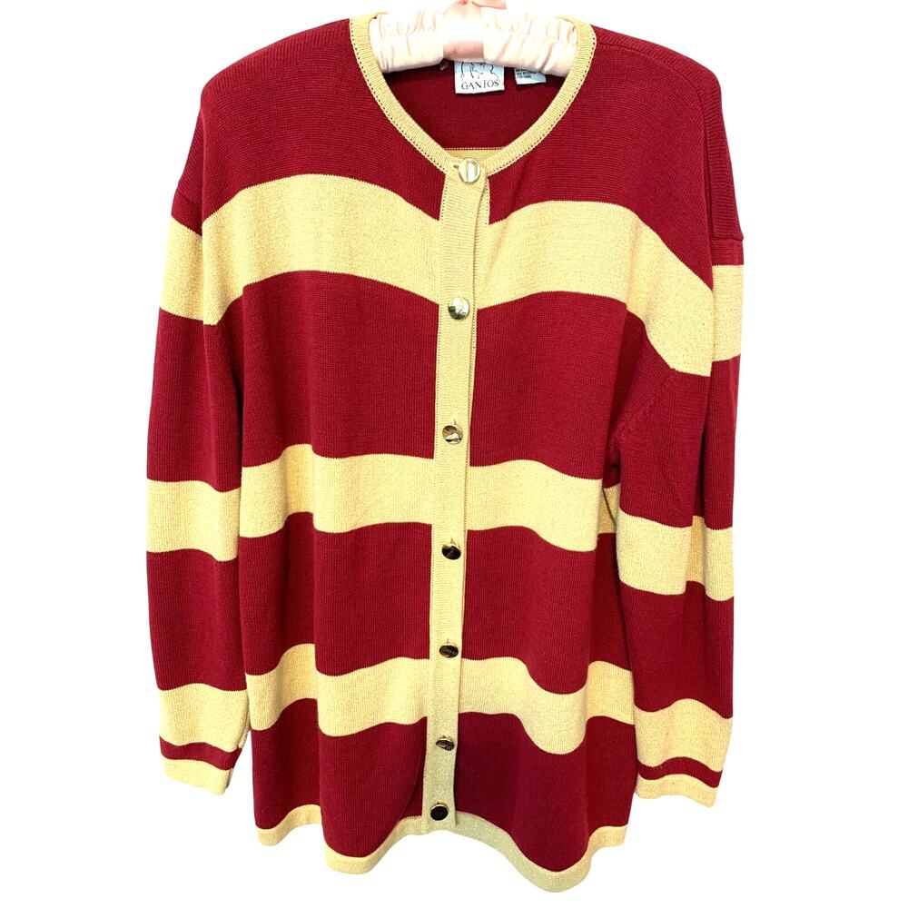 GANTOS VINTAGE CARDIGAN STRIPED RED/GOLD METALLIC ACRYLIC  BRASS BUTTONS MED